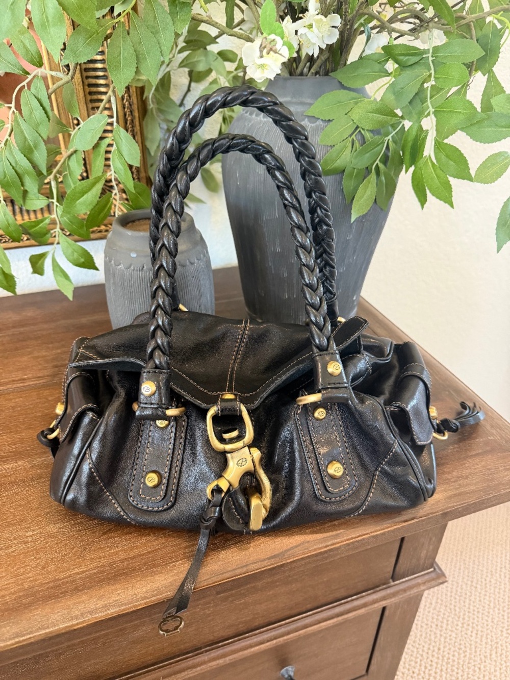 Francesco Biasia Handbag Leather Black Braided Handle Vintage Designer Brass